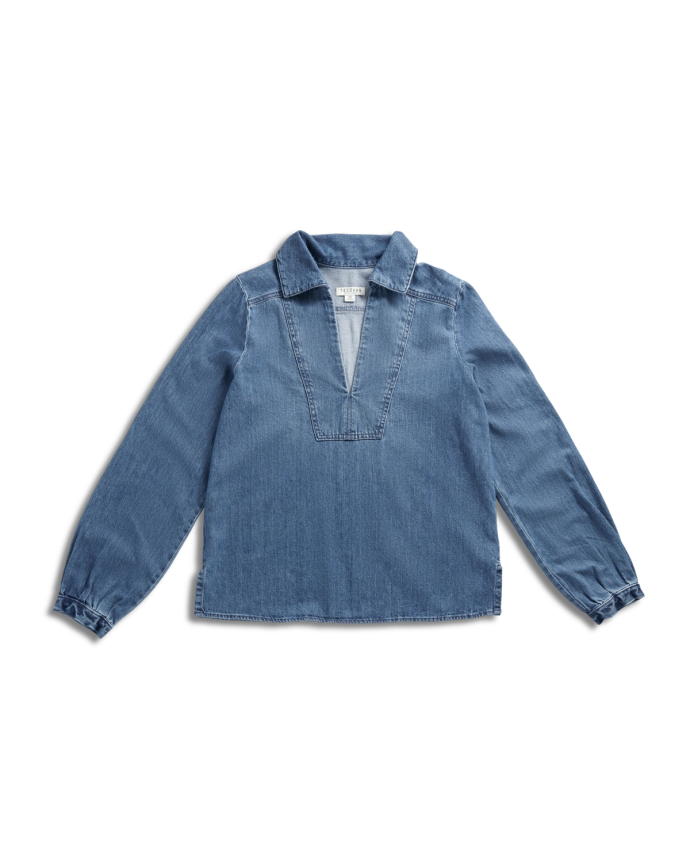 Front view of Women's L/S Denim Popover Top - Medium Wash on plain background