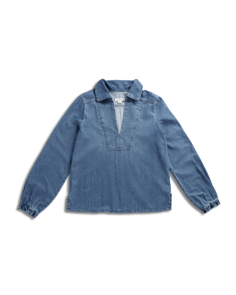 Front view of Women's L/S Denim Popover Top - Medium Wash on plain background