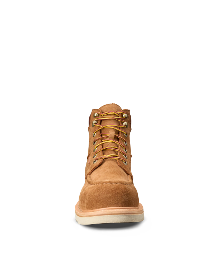 Toe view of LongHaul Waterproof Moc Composite Toe Work Boot - Cashew on plain background