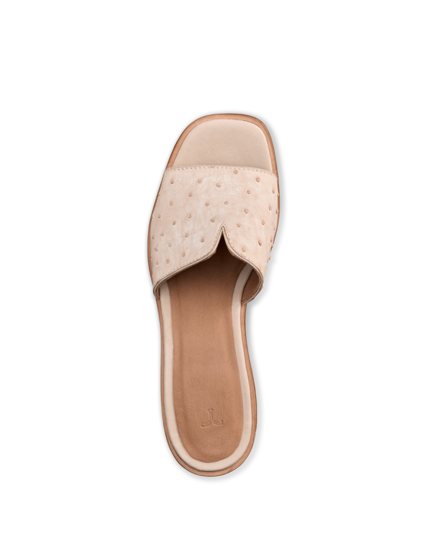 The Carmen Paloma in Pearl Ostrich. A single beige slide sandal with a textured Pearl Ostrich upper strap, open toe, and flat sole, viewed from above against a plain white background.