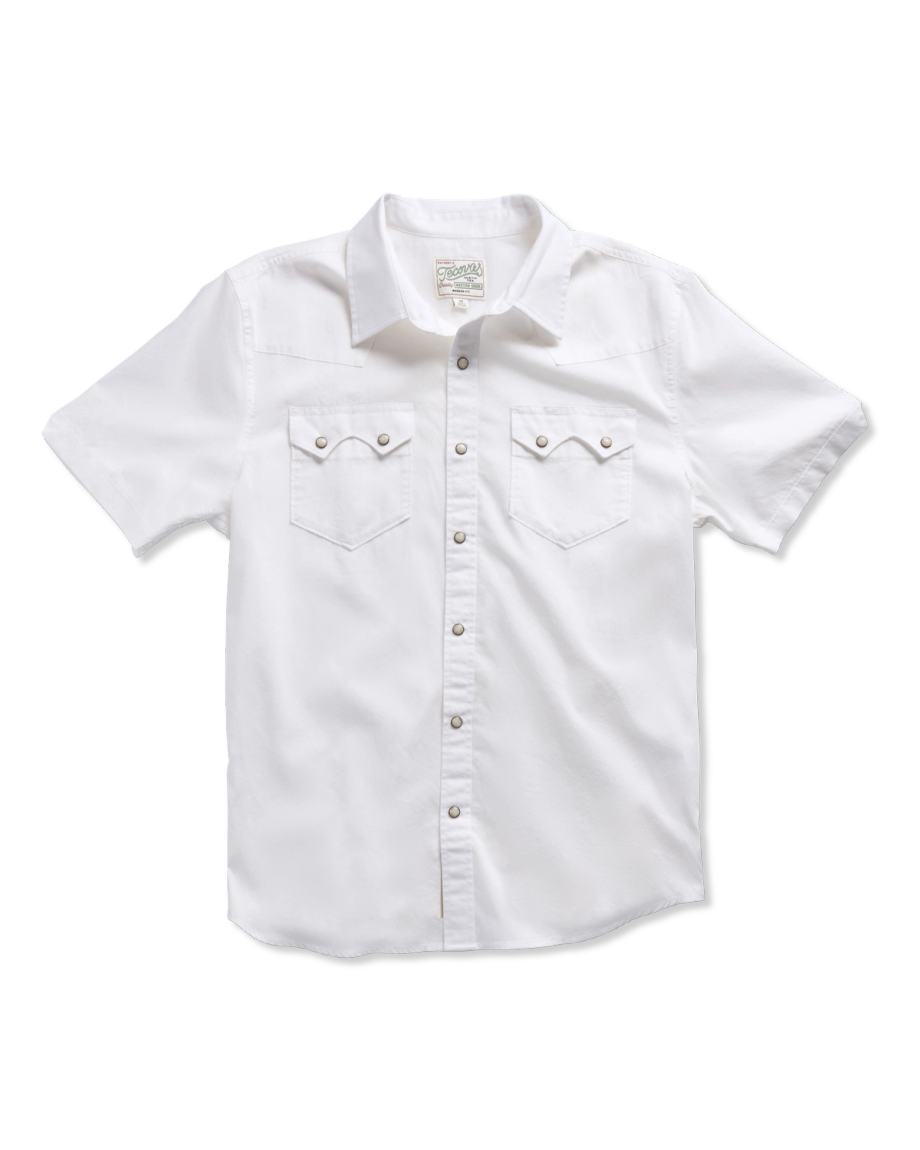Closeup detail view of Men's Vintage Weight Sawtooth Short Sleeve Pearl Snap - White