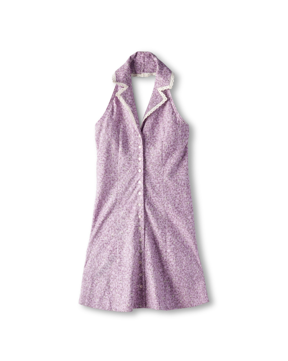 Front view of Women's Sleeveless Collared Mini Dress - Purple on plain background
