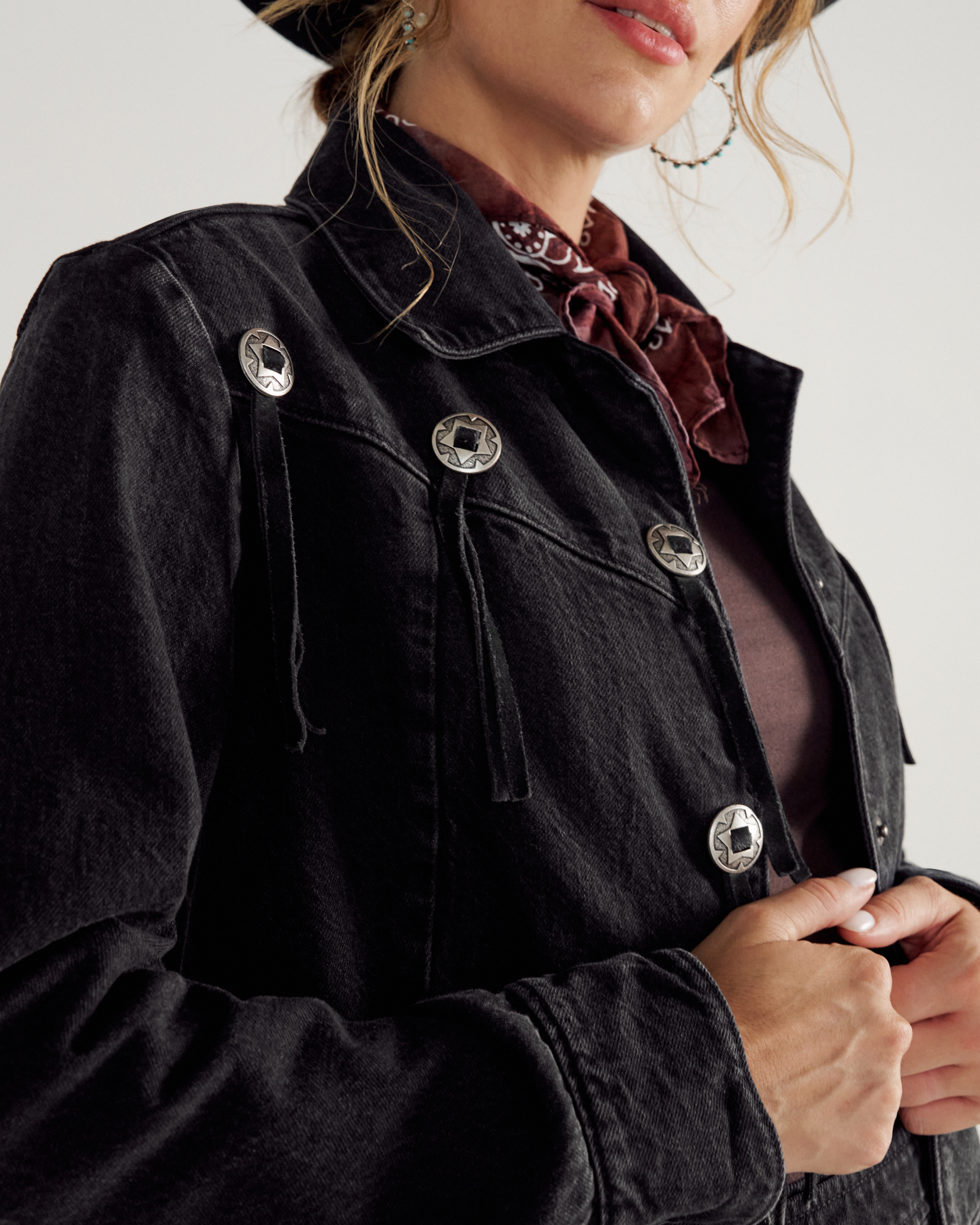 Closeup view of Women&#x27;s Rodeo Concho Denim Jacket - Black