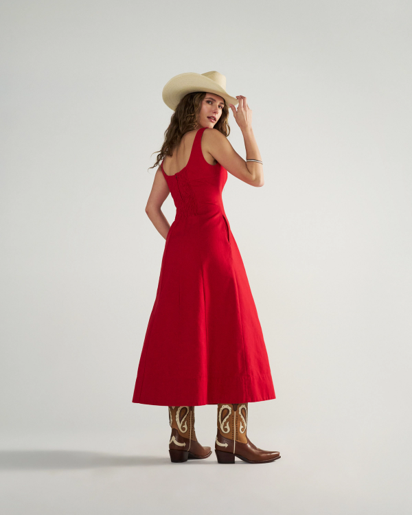 Back view of Women's Sleeveless A-Line Maxi Dress - Red on model