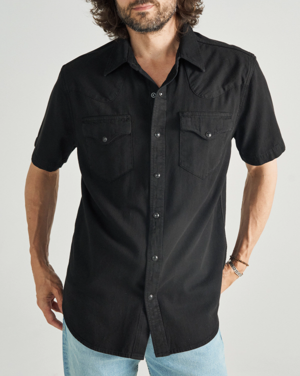 Closeup detail view of Men's Denim Pearl Snap SS - Black