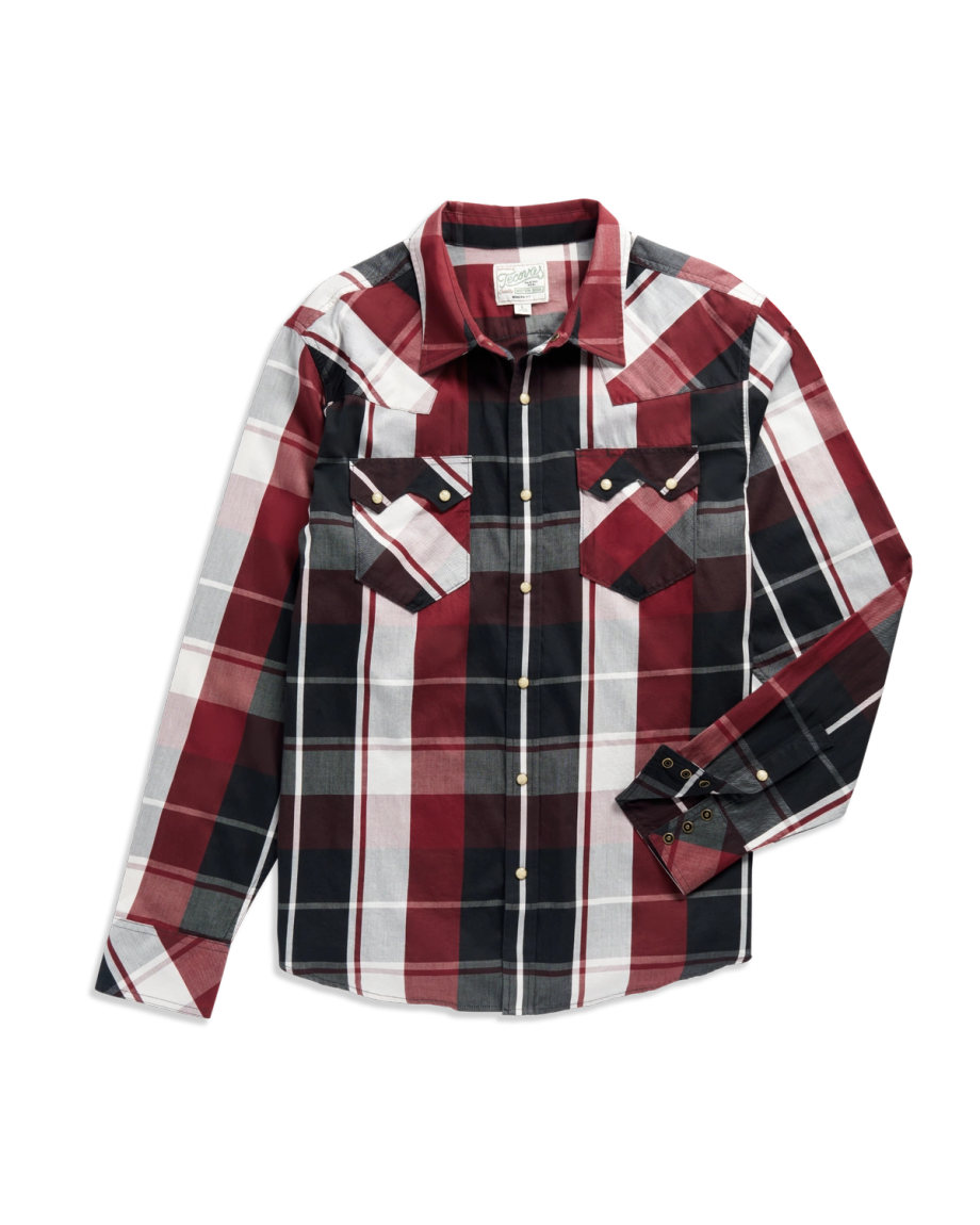 Closeup detail view of Men's Vintage Weight Pearl Snap LS - Port / Black