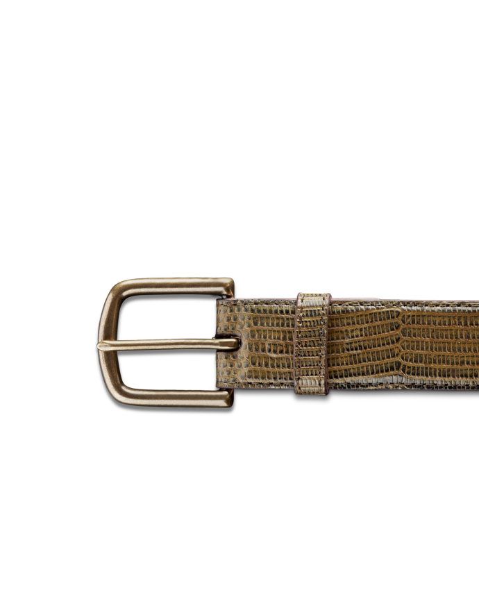 Front view of Men's Lizard Belt II - Burnt Cedar on plain background