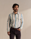 Closeup detail view of Men's Flying-T Foundation Weight Pearl Snap - Tan Multi Wide Stripe