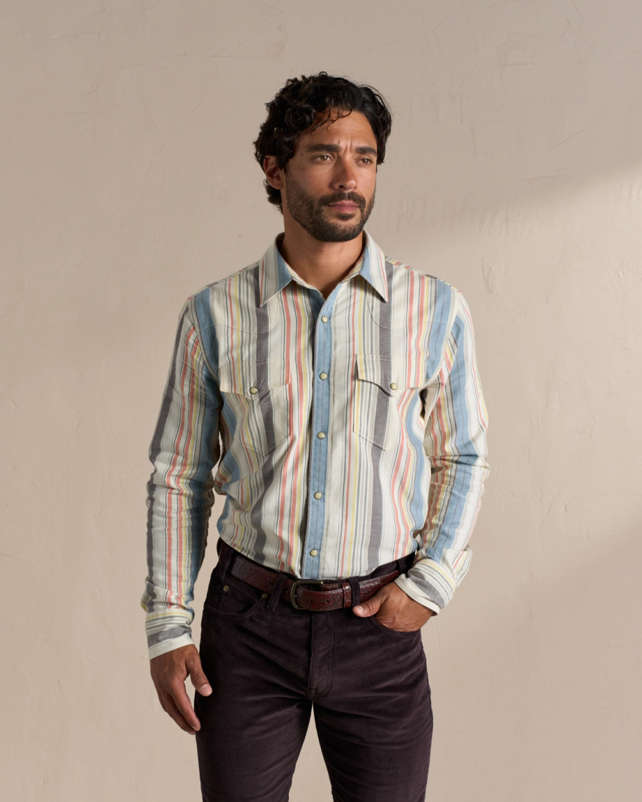 Closeup detail view of Men's Flying-T Foundation Weight Pearl Snap - Tan Multi Wide Stripe