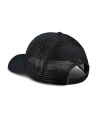 Black mesh trucker hat shown from the back, featuring an adjustable snapback closure and a breathable, see-through mesh panel.