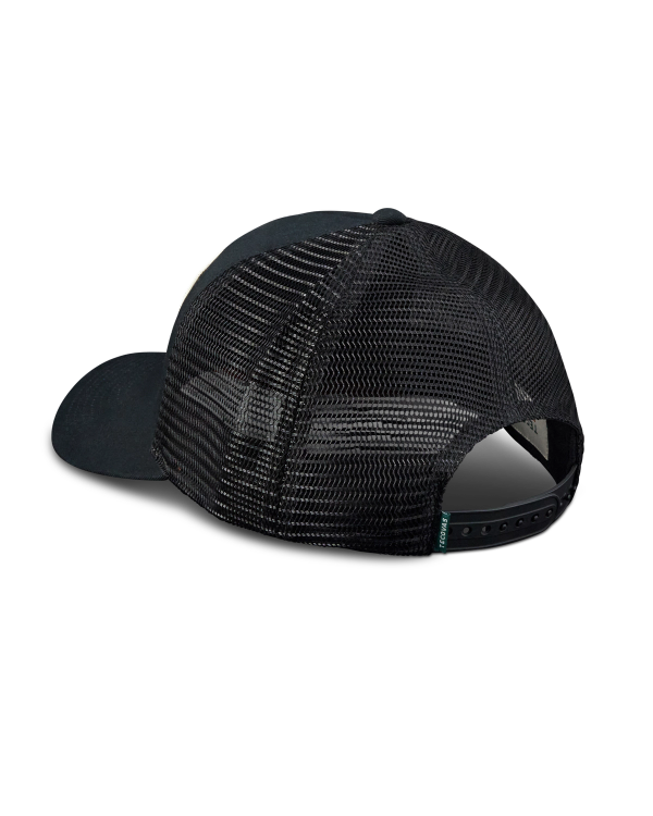 Black mesh trucker hat shown from the back, featuring an adjustable snapback closure and a breathable, see-through mesh panel.