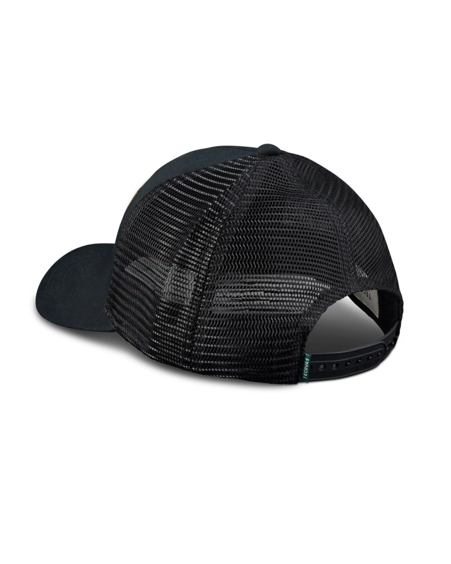 Black mesh trucker hat shown from the back, featuring an adjustable snapback closure and a breathable, see-through mesh panel.