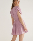 Back view of Women's Mini V-Neck Ruched Dobby Dress - Lavender on model