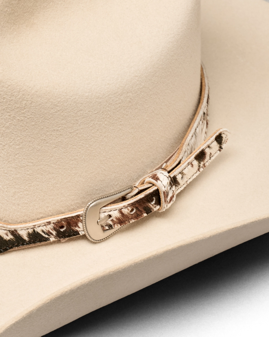 Closeup view of Hair on Hide Buckle Hat Band - Brown Multi