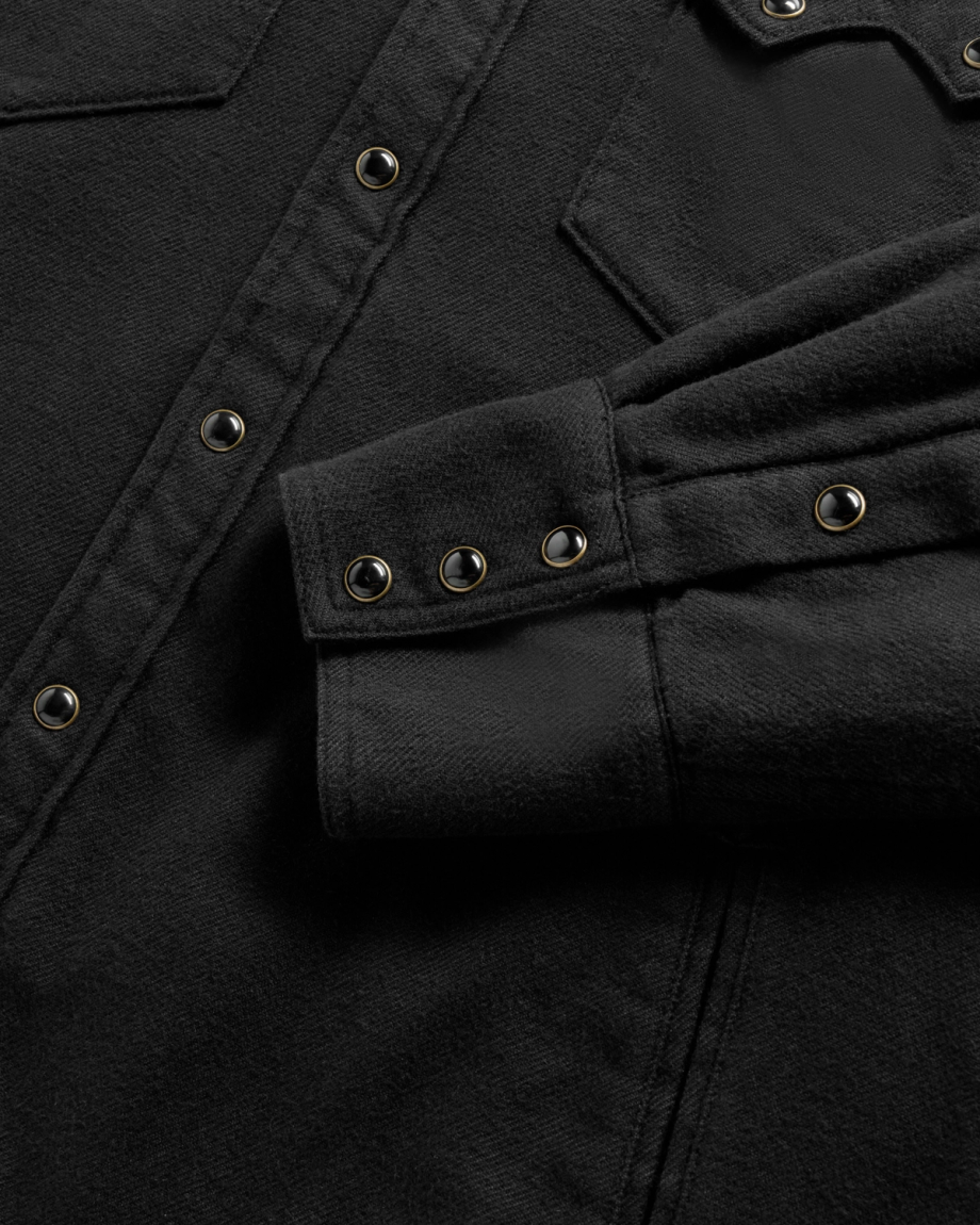 Closeup detail view of Men's Sawtooth Pearl Snap Shacket - Black
