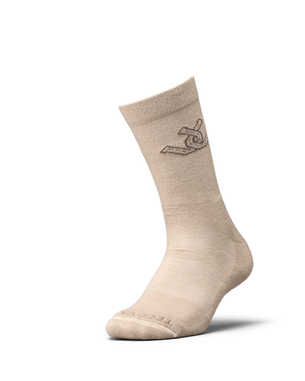 Beige sock displayed upright with a small bird graphic on the outer calf area, shown on a plain white background.