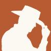 Cowboy tipping his hat graphic on dark brown red background