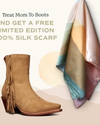 Advertisement featuring a suede boot next to a multicolored silk scarf, with text promoting a free limited edition scarf with a boot purchase for mother's day.