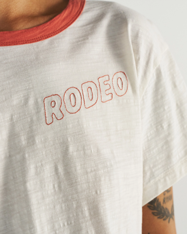Closeup detail view of Women's Vintage Ringer Tee - Bone/Ginger Spice