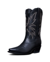 Quarterfront view of the sadie boot in the color midnight. 