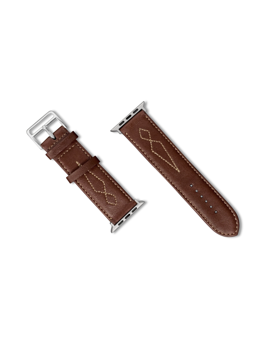 Closeup view of Cowhide Apple Watch Band - Brown