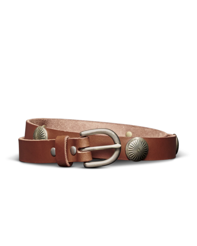 Unbuckled view of Women's Concho Belt - Brown on plain background