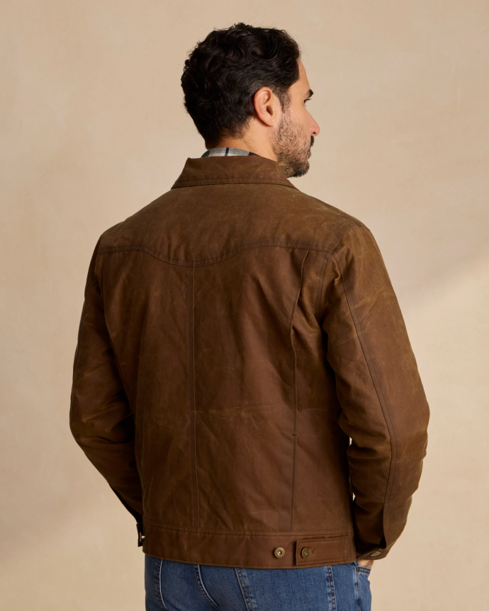 Back view of Buckaroo Waxed Canvas Trucker Jacket - Tobacco on model