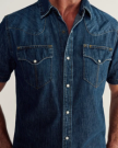 Closeup detail view of Men's Denim Short Sleeve Pearl Snap - Dark Wash
