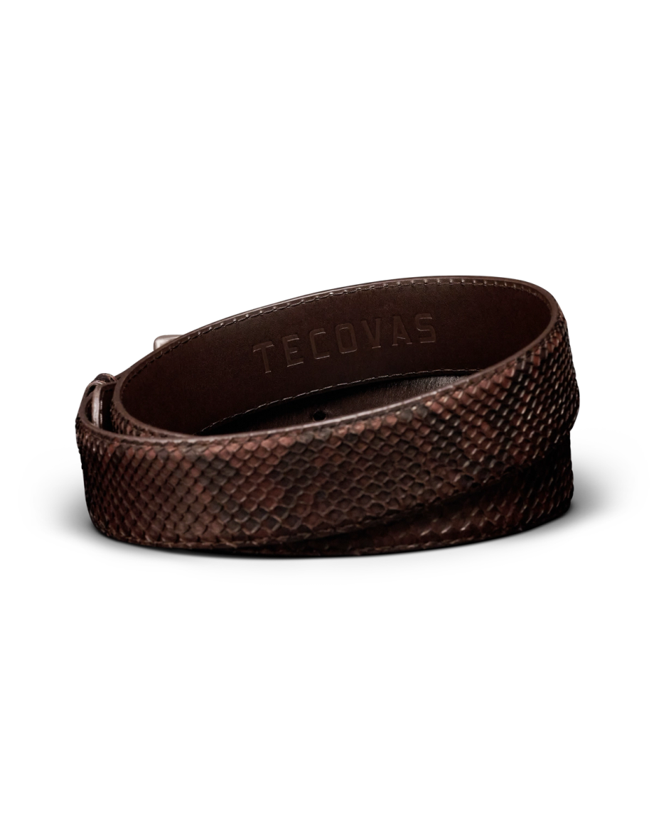 Back view of Men's Python Belt II - Chocolate on plain background