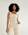Front view of Women's Jumpsuit - Natural Denim on model