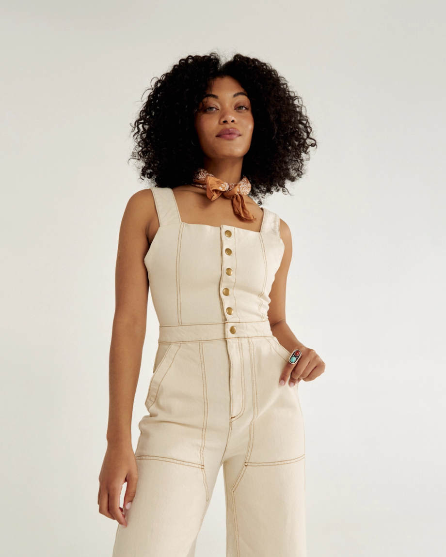 Front view of Women's Jumpsuit - Natural Denim on model