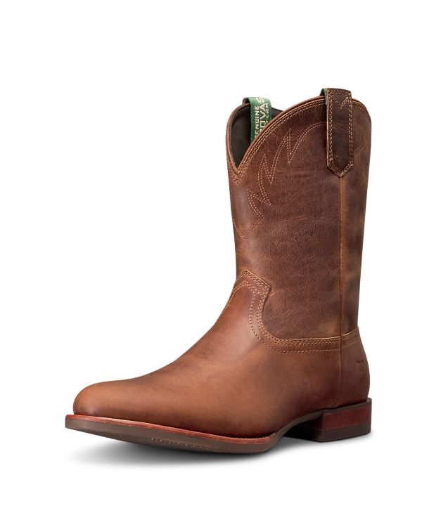 Quarterfront view of The Glen - Light Molasses Cowhide on plain background