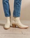 Closeup of woman wearing white ankle boots in a photo studio