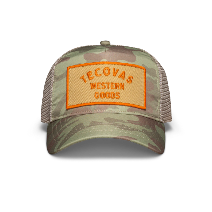 Profile view of Western Goods Five-Panel Low Profile Hat - Khaki Camo on plain background