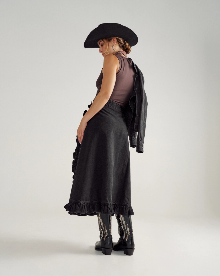 Back view of Women's Rodeo Maxi Denim Skirt - Black on model