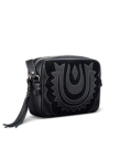 Quarterfront view of Horseshoe Topzip Crossbody - Black Cowhide on plain background