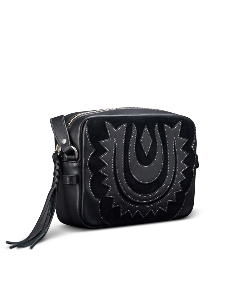Quarterfront view of Horseshoe Topzip Crossbody - Black Cowhide on plain background