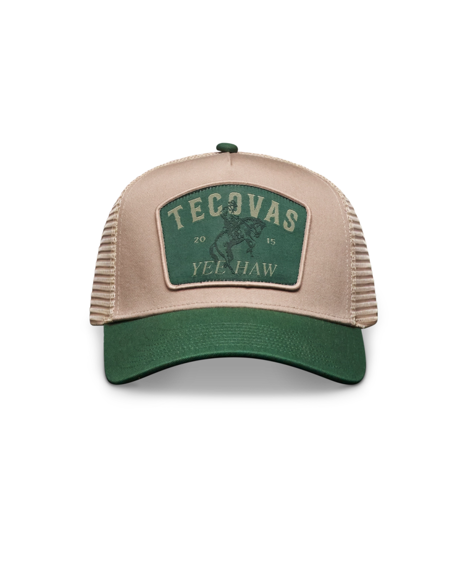 Front view of Yee Haw 5 Panel High Pro Trucker - Green / Khaki on plain background