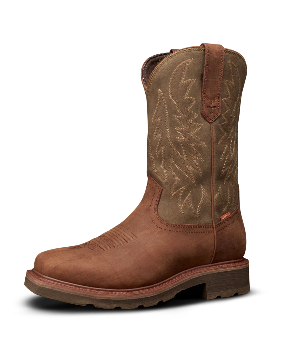 Quarterfront view of LongHaul Waterproof Square Soft Toe Work Boot - Rust Cowhide on plain background