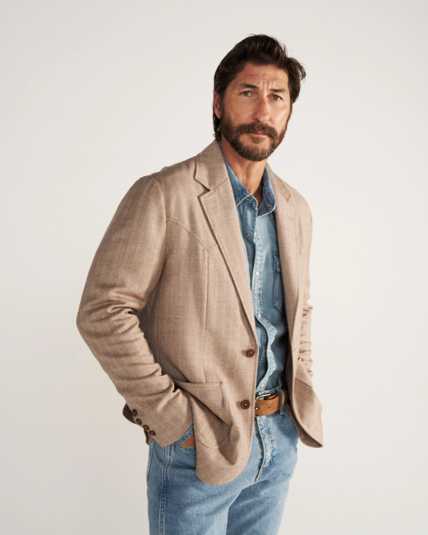 Front view of Men's Western Blazer - Khaki on model