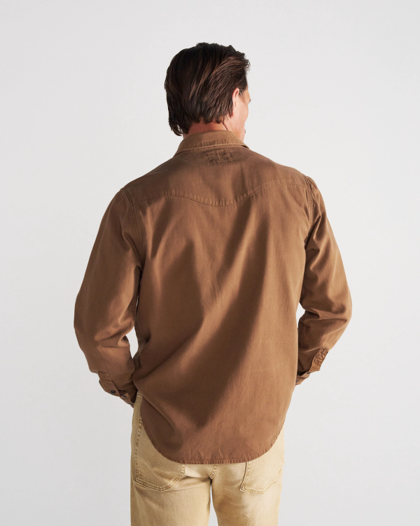 Closeup detail view of Men's Denim Pearl Snap - Tobacco
