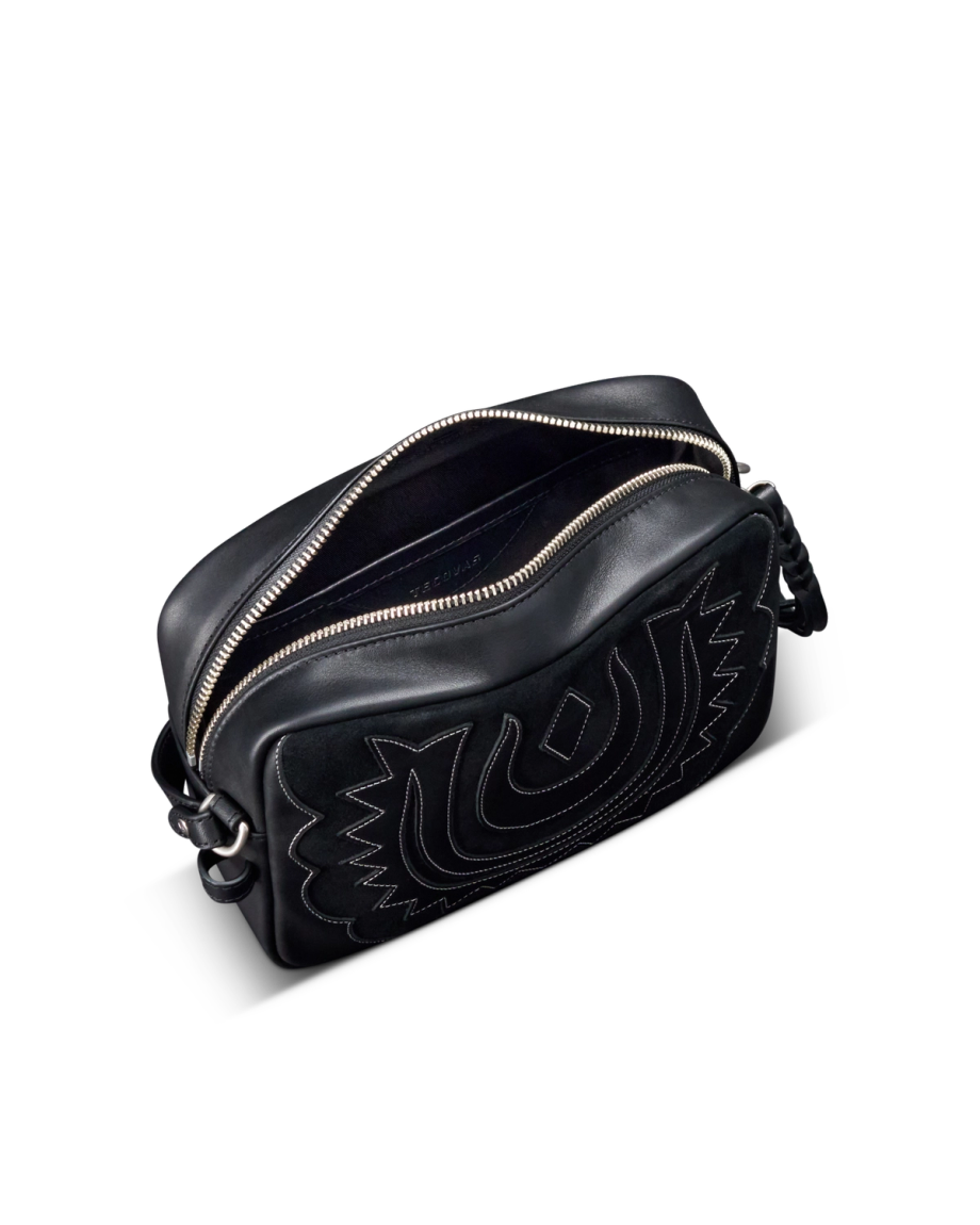 Front view of Horseshoe Topzip Crossbody - Black Cowhide on plain background