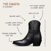 Diagram of the Dakota in Midnight showing it's unique features - fits right under slimmer denim, lizard vamp steals the limelight, fashion forward snip toe, bovine shaft, easy on zip