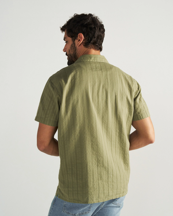 Back view of Men's Dobby Camp Shirt - Sage on model