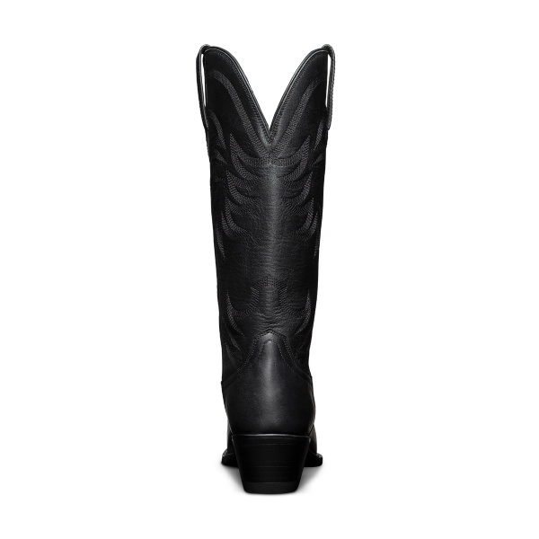 Black cowboy boot with intricate stitching, viewed from the back against a plain white background.