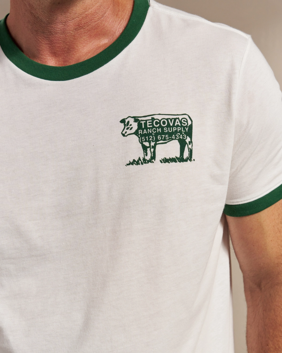 Closeup detail view of Men's Tecovas Ranch Supply Ringer Tee - Bone/Green