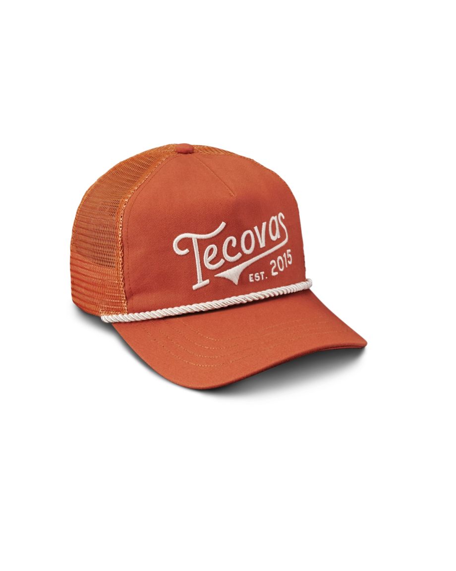 Quarterfront view of Tecovas Gameday Trucker - Burnt Orange on plain background