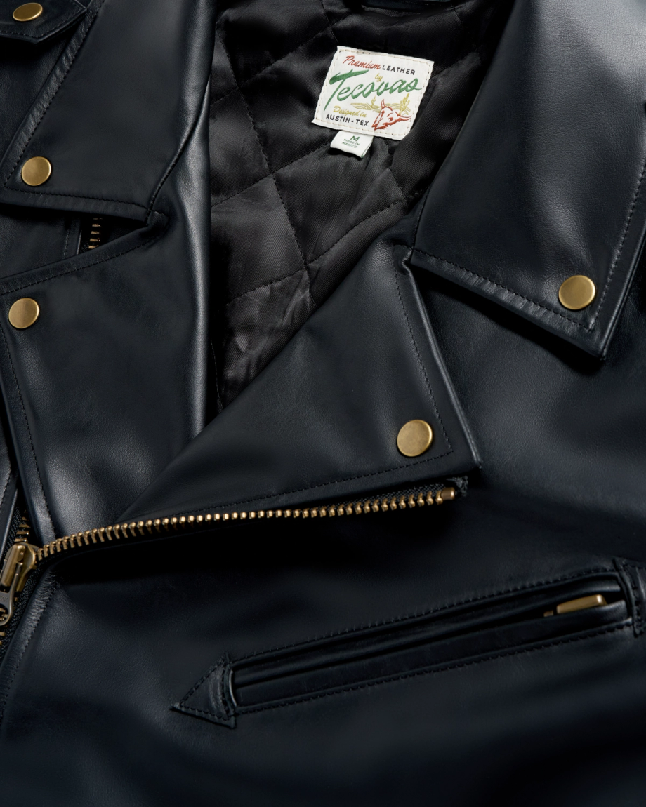 Closeup detail view of Men's Leather Biker Jacket - Black
