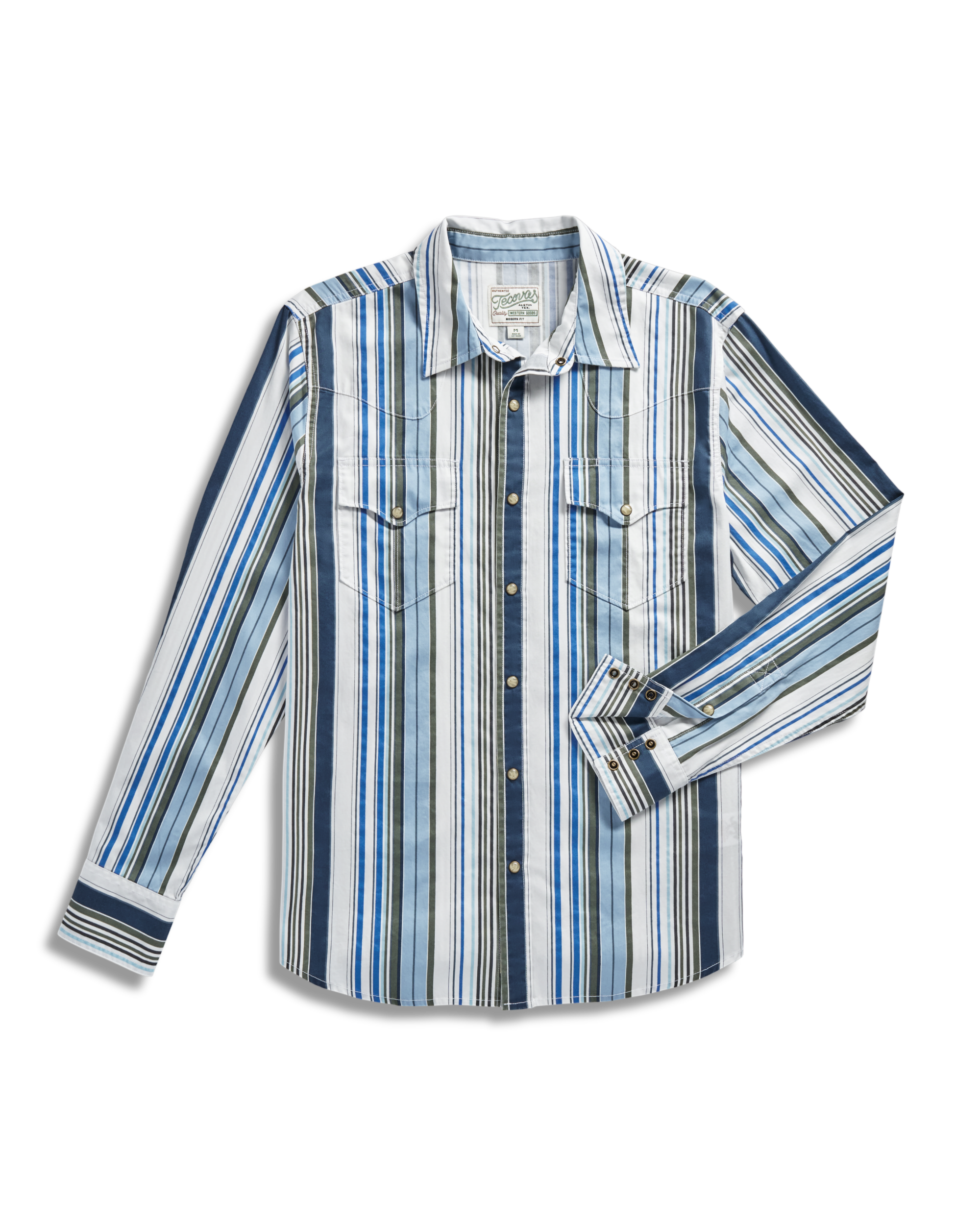 Closeup detail view of Men's Thorn Stopper Pearl Snap LS - Blue Fin / Multi