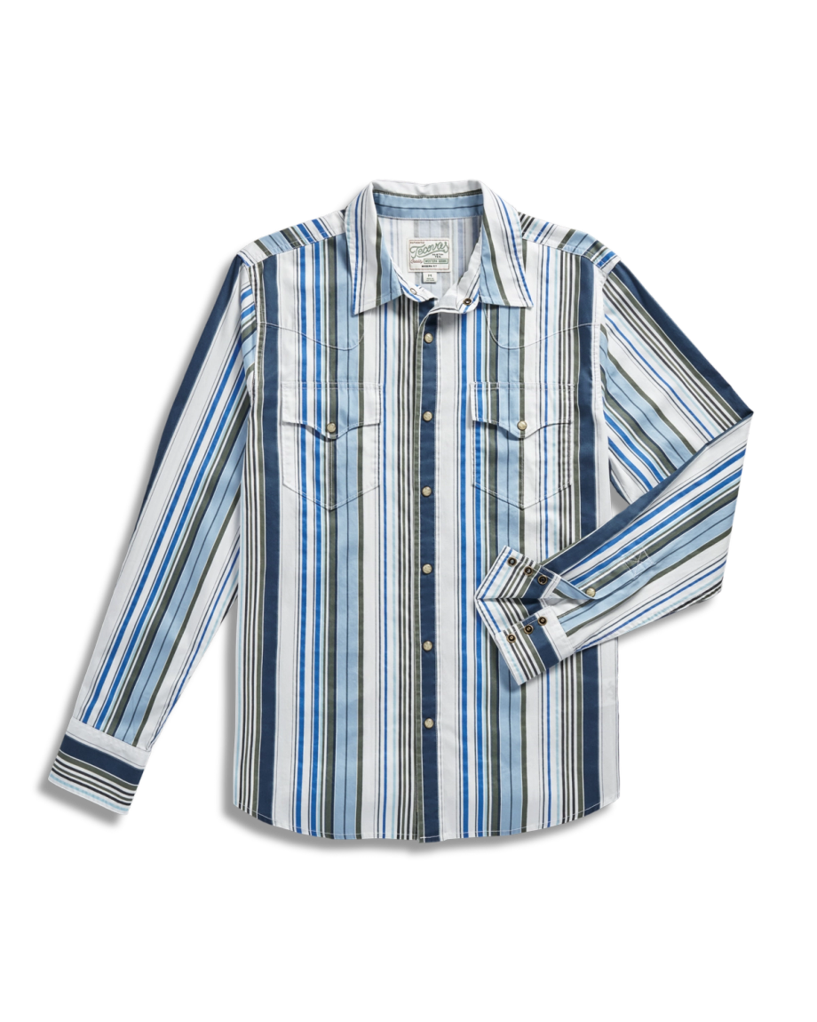 Closeup detail view of Men's Thorn Stopper Pearl Snap LS - Blue Fin / Multi